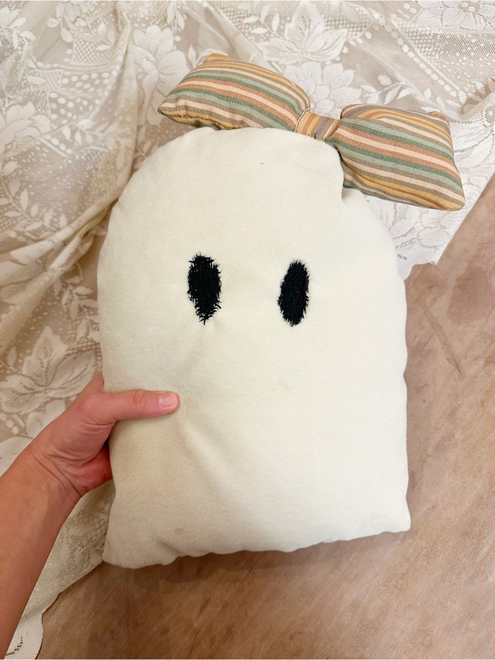 Plush Ghost Pillow with Striped Bow